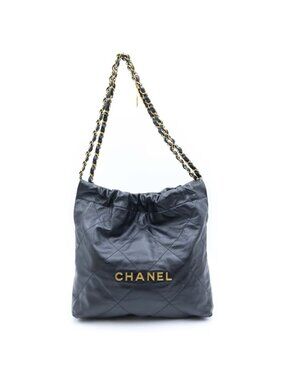 Chanel 22 Small Chain Shoulder Bag Tote Black Shiny Calfskin Gold